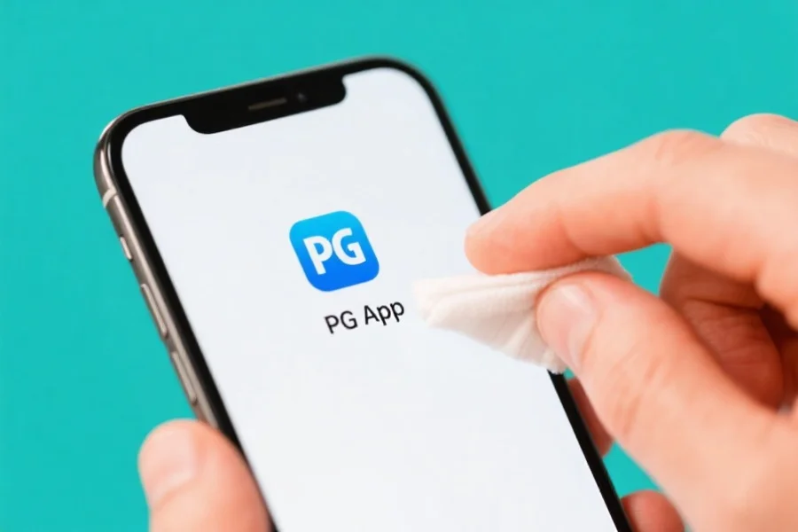 示意图，一只手正在清理手机应用缓存，屏幕上显示PG app的图标